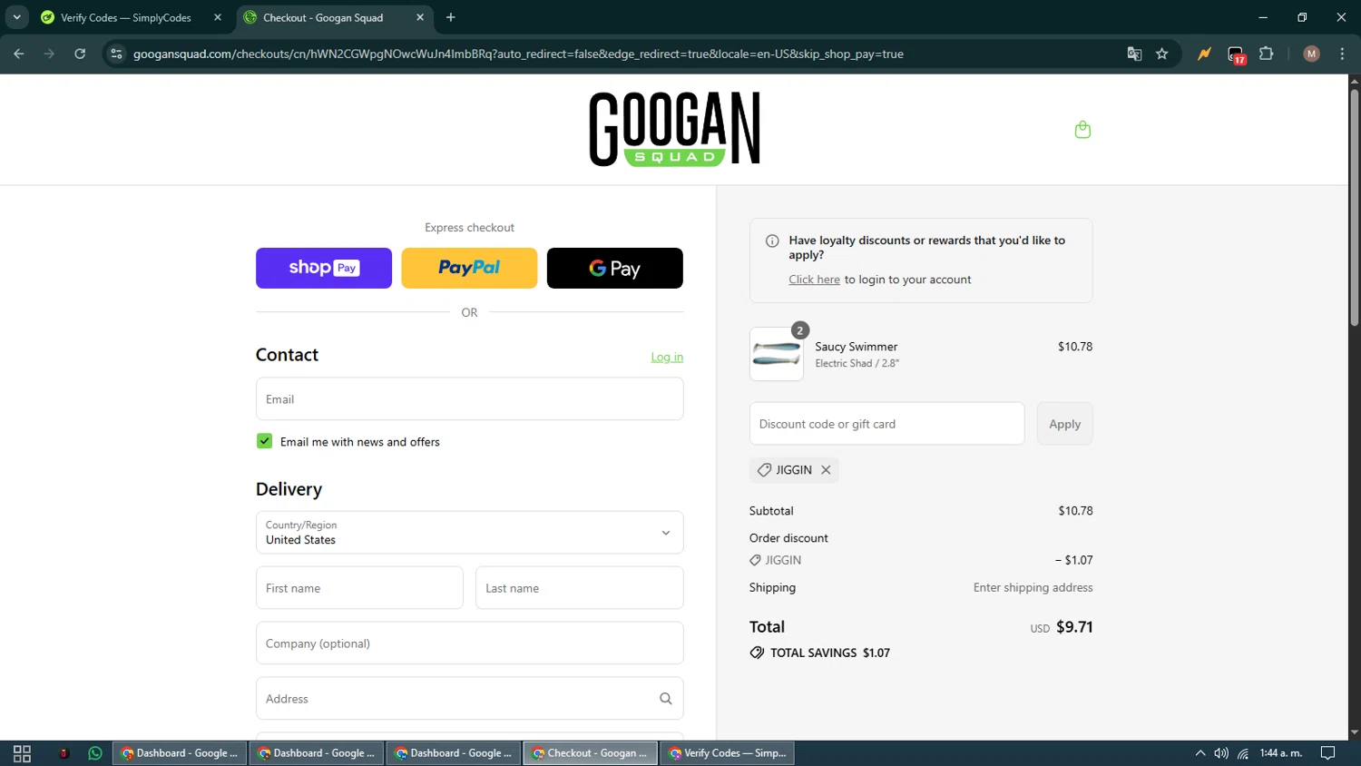 Googan Squad discount code screenshot showing code JIGGIN applied at Googan Squad checkout page. Uploaded by SimplyCodes community member DiscountTitan4635 on Aug 25, 2025