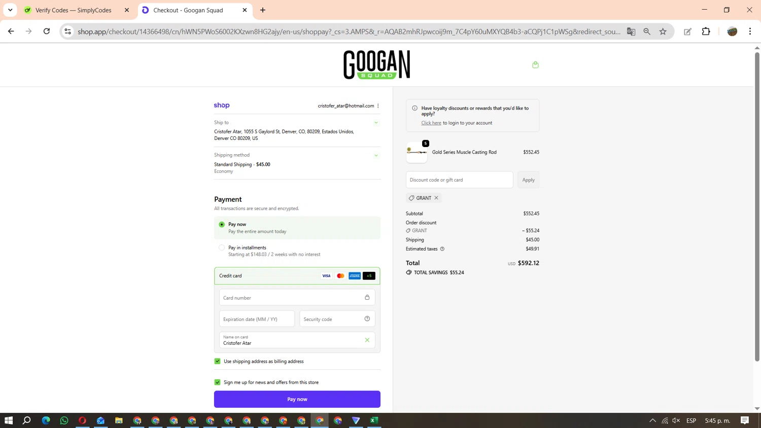 Googan Squad discount code screenshot showing code GRANT applied at Googan Squad checkout page. Uploaded by SimplyCodes community member FundoEsperanza on Nov 17, 2025
