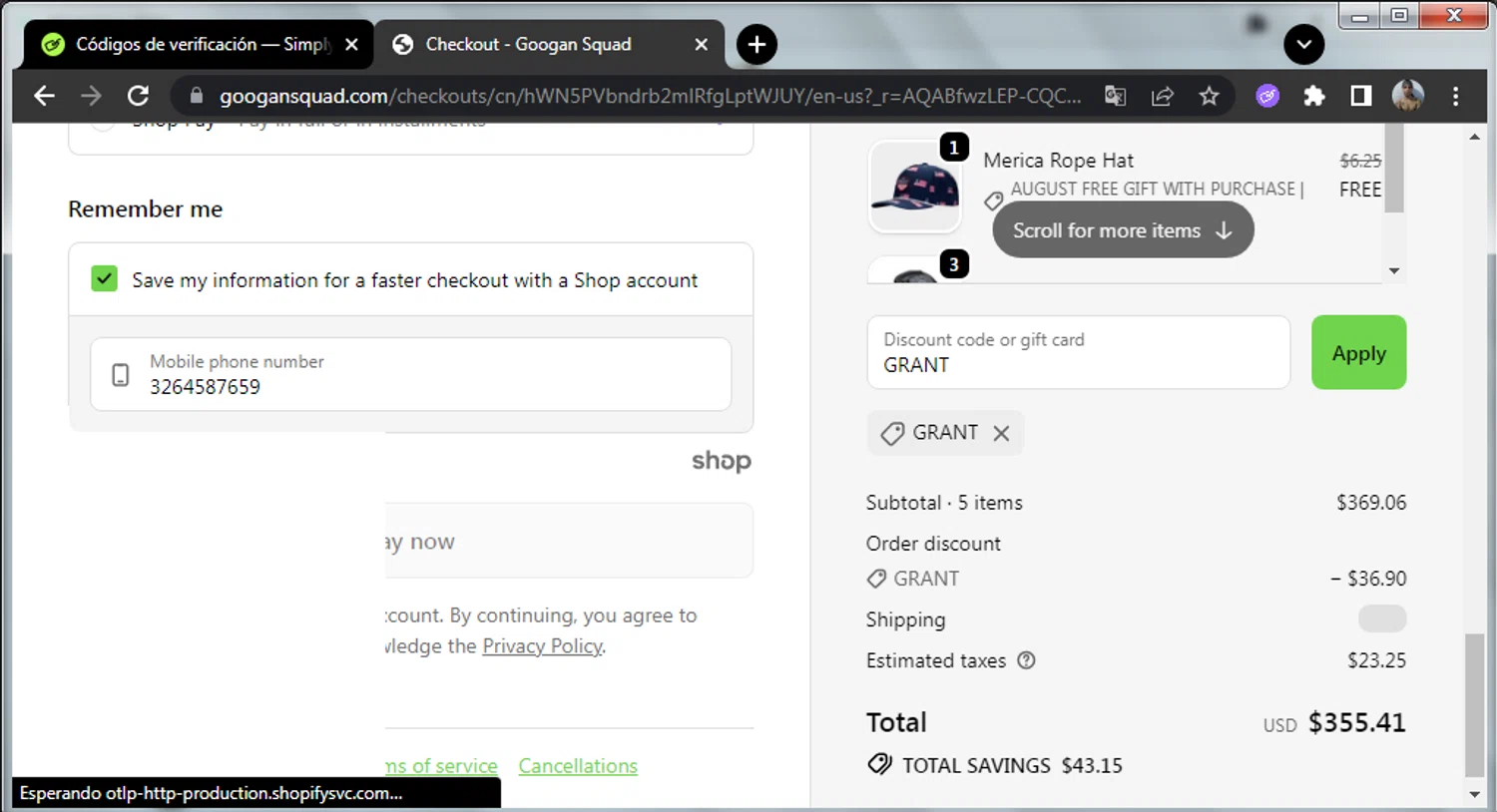 Googan Squad discount code screenshot showing code GRANT applied at Googan Squad checkout page. Uploaded by SimplyCodes community member enmanuelhernandezRodriguez on Nov 17, 2025