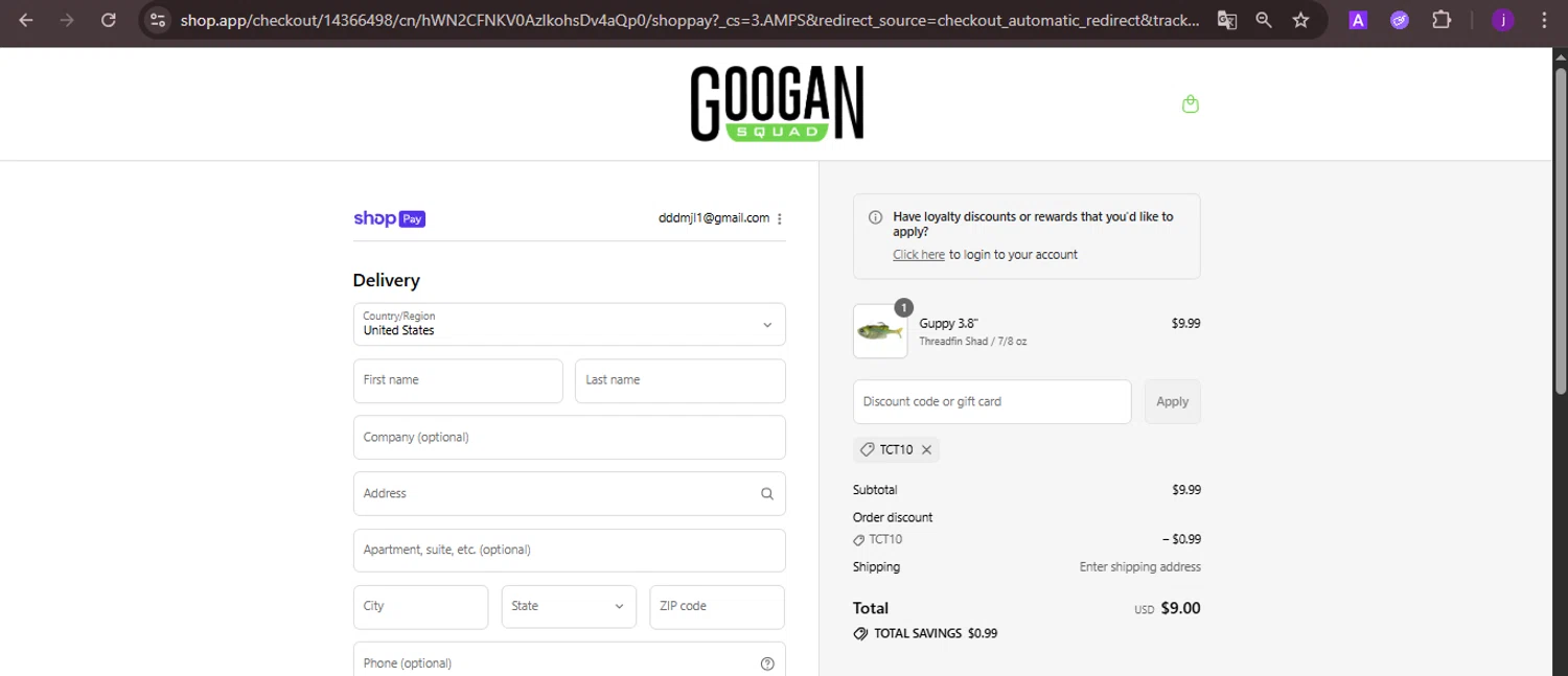 Googan Squad discount code screenshot showing code TCT10 applied at Googan Squad checkout page. Uploaded by SimplyCodes community member CoinMaverick1452 on Aug 25, 2025