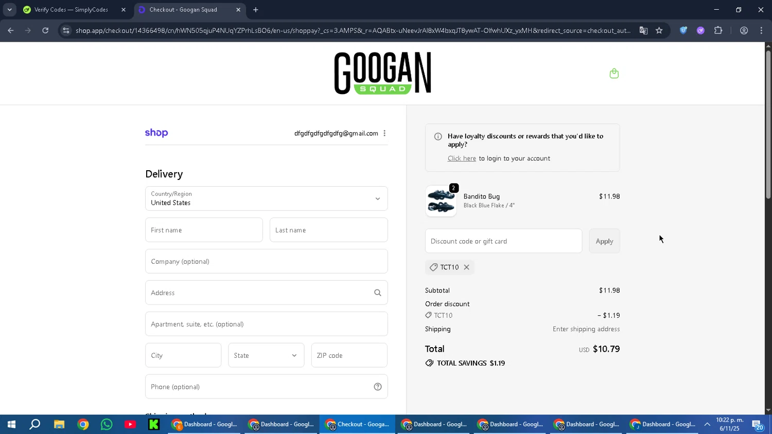 Googan Squad discount code screenshot showing code TCT10 applied at Googan Squad checkout page. Uploaded by SimplyCodes community member MoneyPilot9165 on Nov 7, 2025