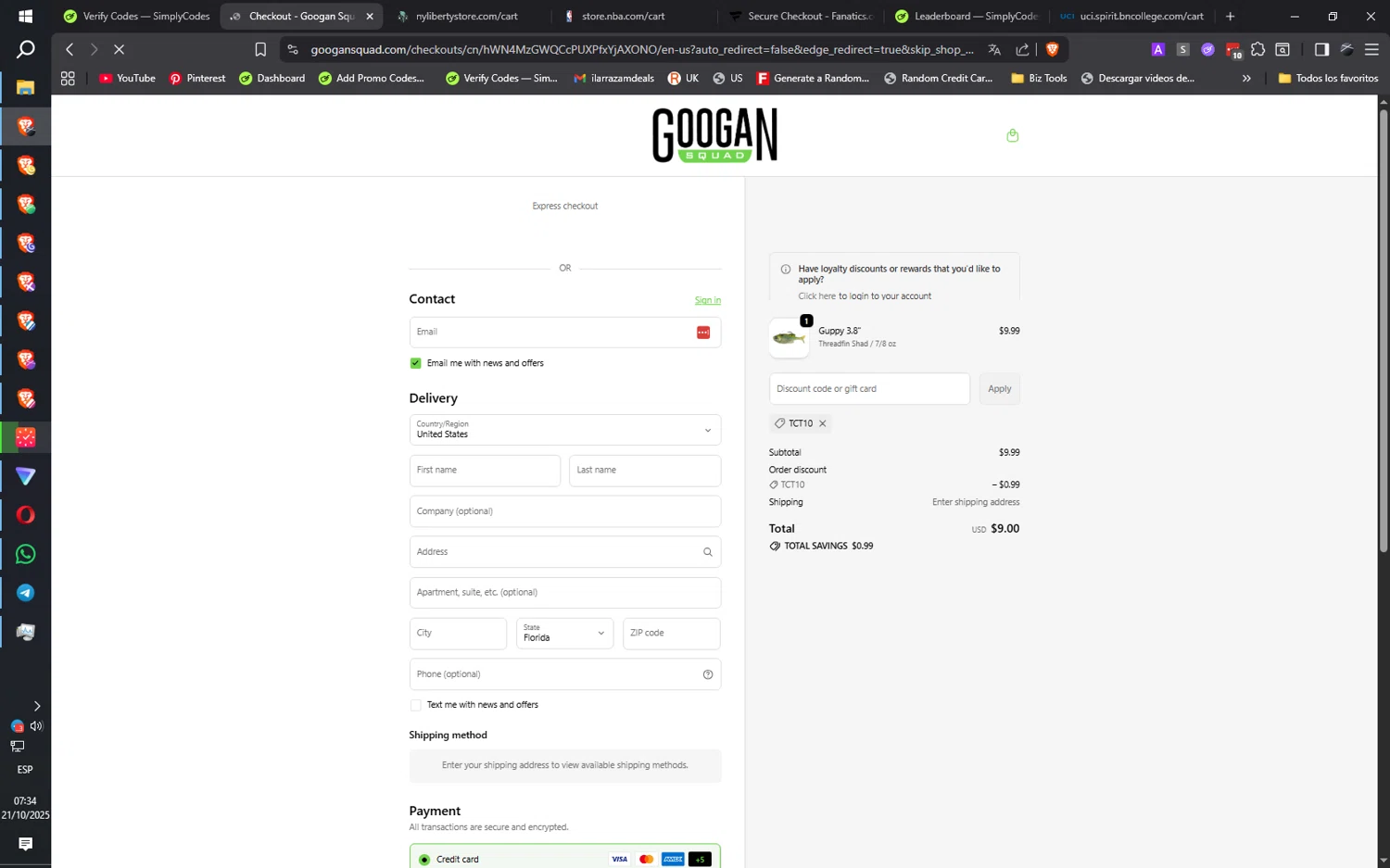Googan Squad discount code screenshot showing code TCT10 applied at Googan Squad checkout page. Uploaded by SimplyCodes community member ilarrazaM1 on Oct 21, 2025