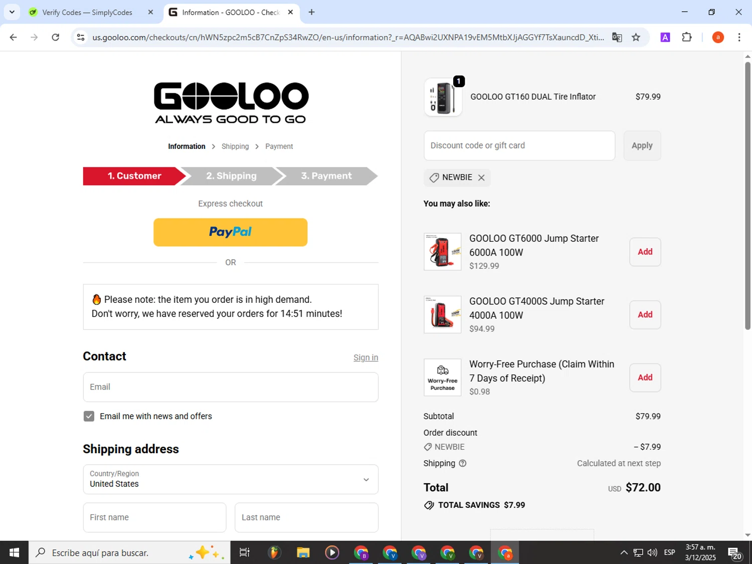 Gooloo US promo code screenshot showing code NEWBIE applied at Gooloo US checkout page. Uploaded by SimplyCodes community member partenalgas on Dec 3, 2025