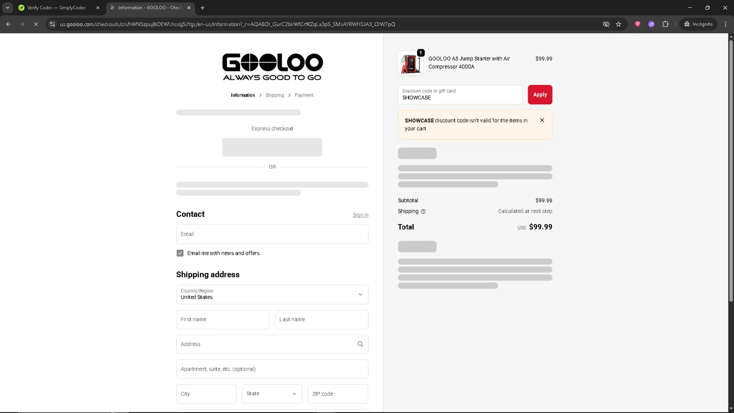 Gooloo US promo code screenshot showing code SHOWCASE applied at Gooloo US checkout page. Uploaded by SimplyCodes community member AVATIGRITO on Dec 3, 2025