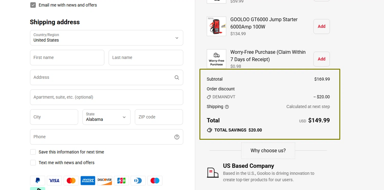 Gooloo US promo code screenshot showing code DemandVT applied at Gooloo US checkout page. Uploaded by SimplyCodes community member Swiftdealz on Sep 5, 2025