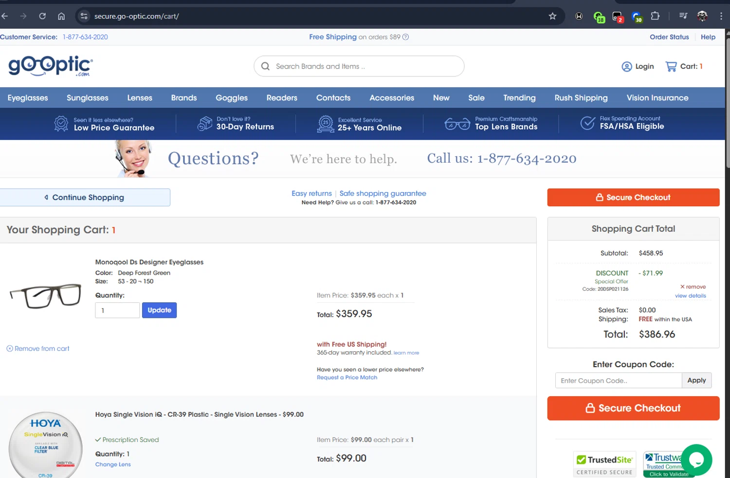 Go-Optic.com checkout page showing Go-Optic.com promo code box | Screenshot taken by SimplyCodes community member on Feb 11, 2026
