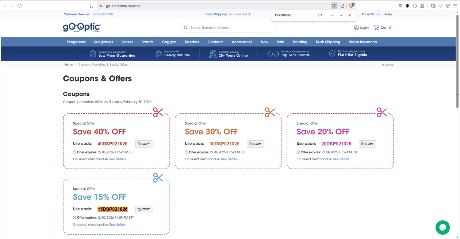 Go-Optic.com checkout page showing Go-Optic.com promo code box | Screenshot taken by SimplyCodes community member on Feb 11, 2026