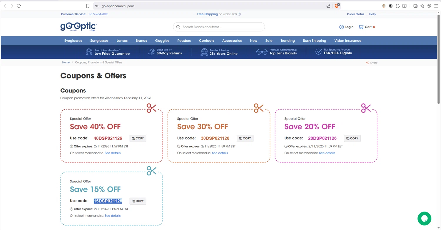 Go-Optic.com checkout page showing Go-Optic.com promo code box | Screenshot taken by SimplyCodes community member on Feb 12, 2026