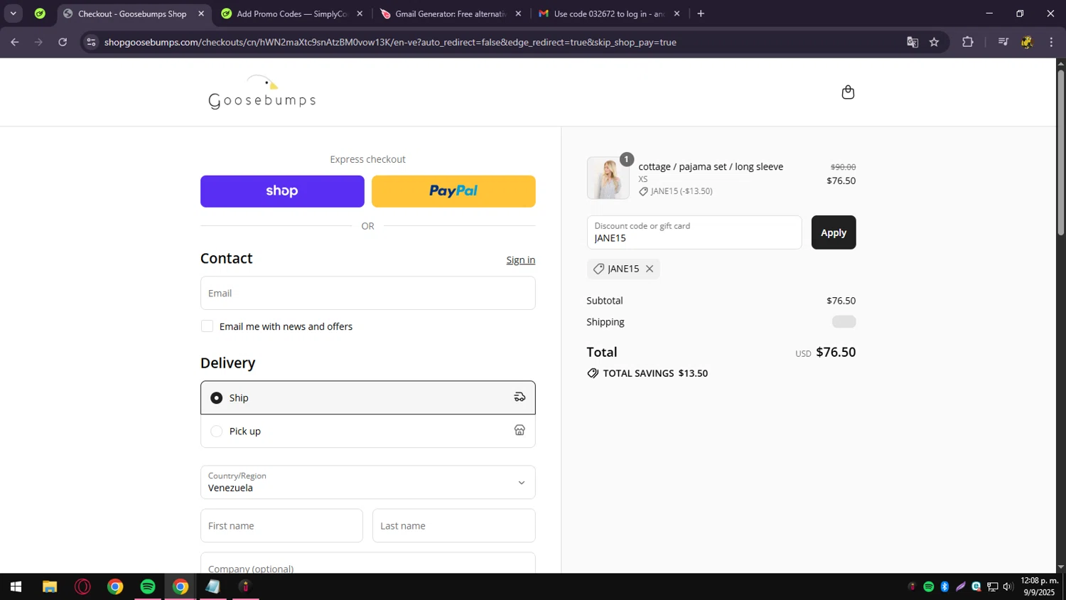 Goosebumps Shop promo code screenshot showing code JANE15 applied at Goosebumps Shop checkout page. Uploaded by SimplyCodes community member PrimeShopper662 on Sep 9, 2025
