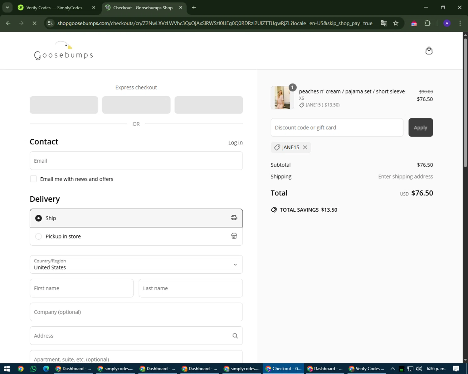 Goosebumps Shop promo code screenshot showing code JANE15 applied at Goosebumps Shop checkout page. Uploaded by SimplyCodes community member MagnificentWarden4603 on May 9, 2025