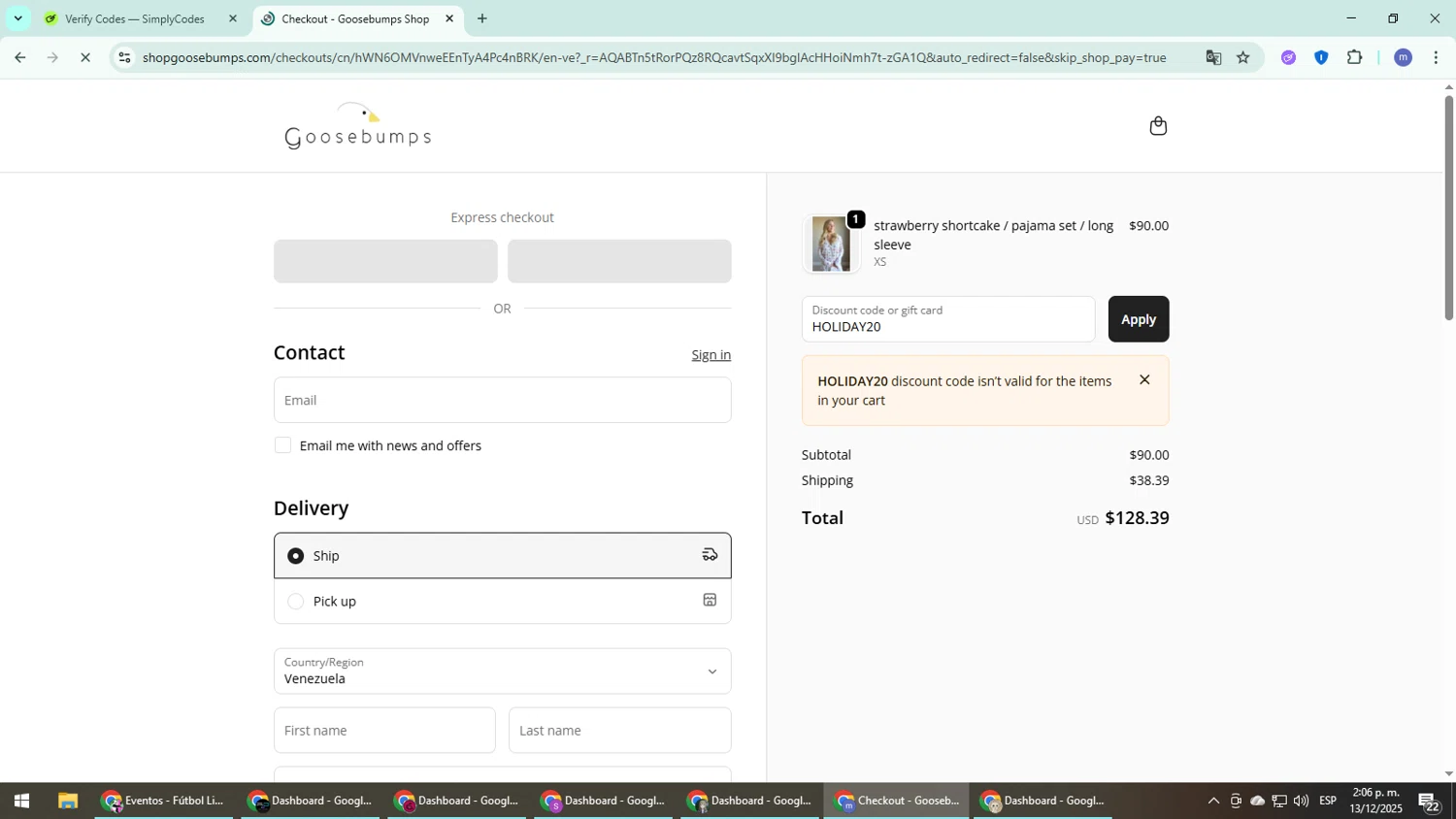 Goosebumps Shop promo code screenshot showing code HOLIDAY20 applied at Goosebumps Shop checkout page. Uploaded by SimplyCodes community member QuestDefender2661 on Dec 13, 2025