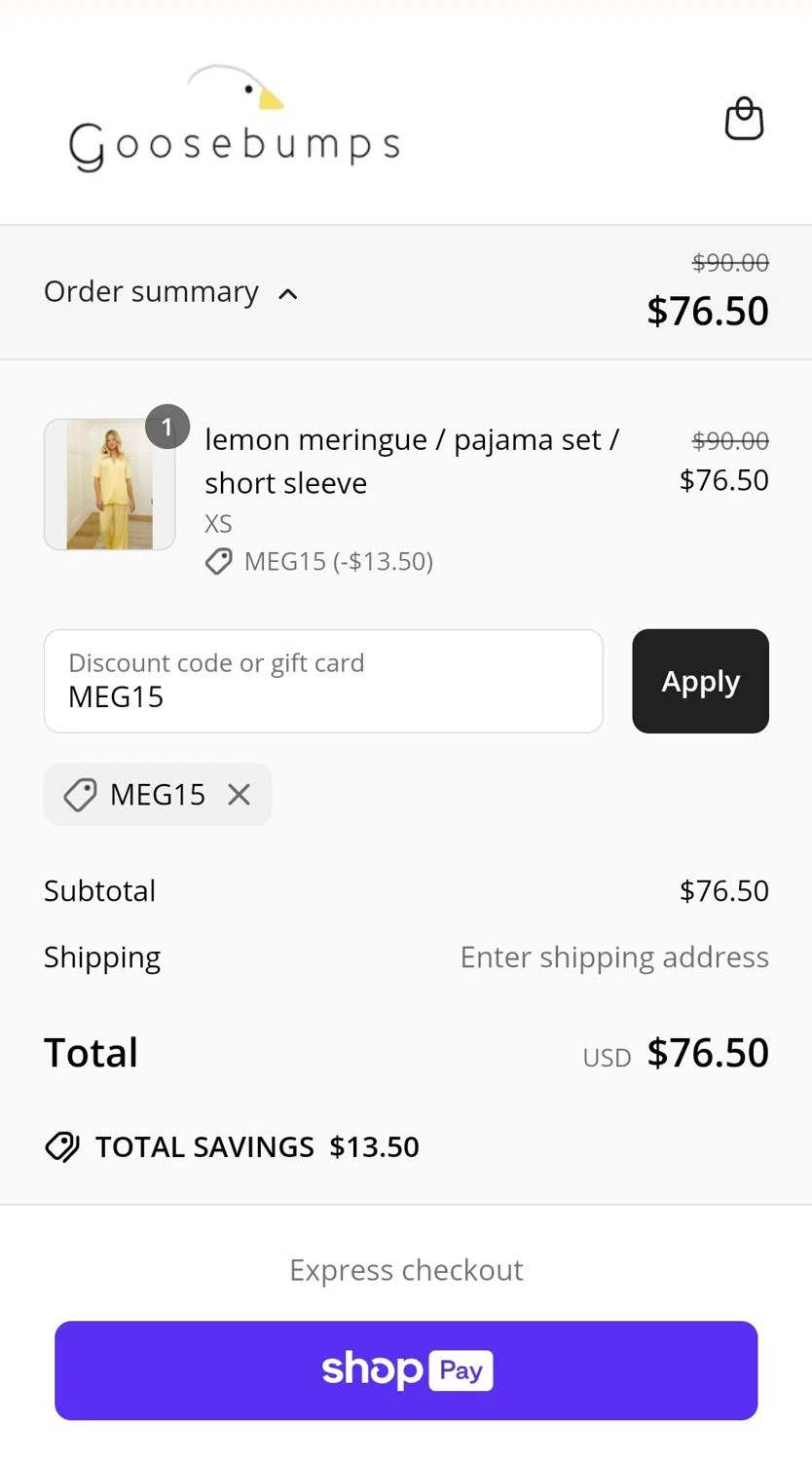 Goosebumps Shop promo code screenshot showing code MEG15 applied at Goosebumps Shop checkout page. Uploaded by SimplyCodes community member JuanMonge on May 9, 2025