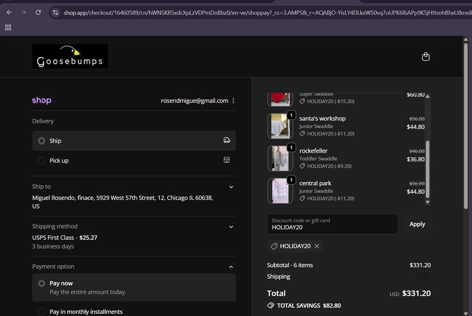 Goosebumps Shop promo code screenshot showing code HOLIDAY20 applied at Goosebumps Shop checkout page. Uploaded by SimplyCodes community member ScanHunter7116 on Nov 15, 2025