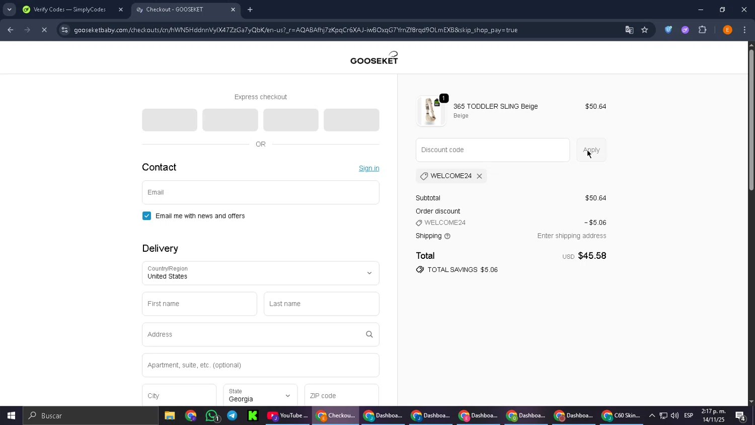 GOOSEKET discount code screenshot showing code WELCOME24 applied at GOOSEKET checkout page. Uploaded by SimplyCodes community member jorgeyahoo on Nov 14, 2025