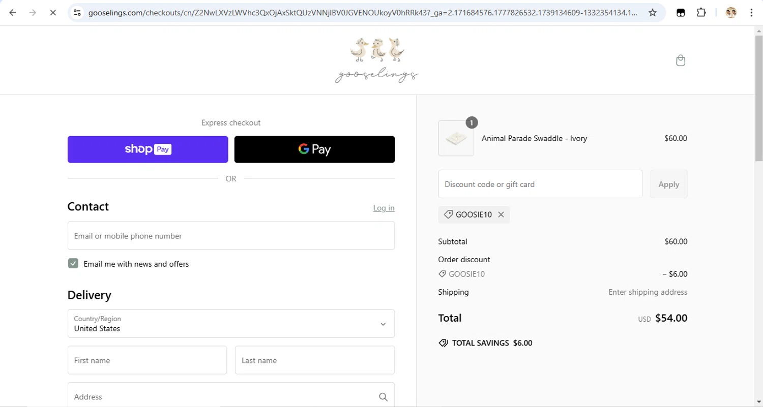 Gooselings promo code screenshot showing code GOOSIE10 applied at Gooselings checkout page. Uploaded by SimplyCodes community member LegendaryTitan9160 on Feb 10, 2025