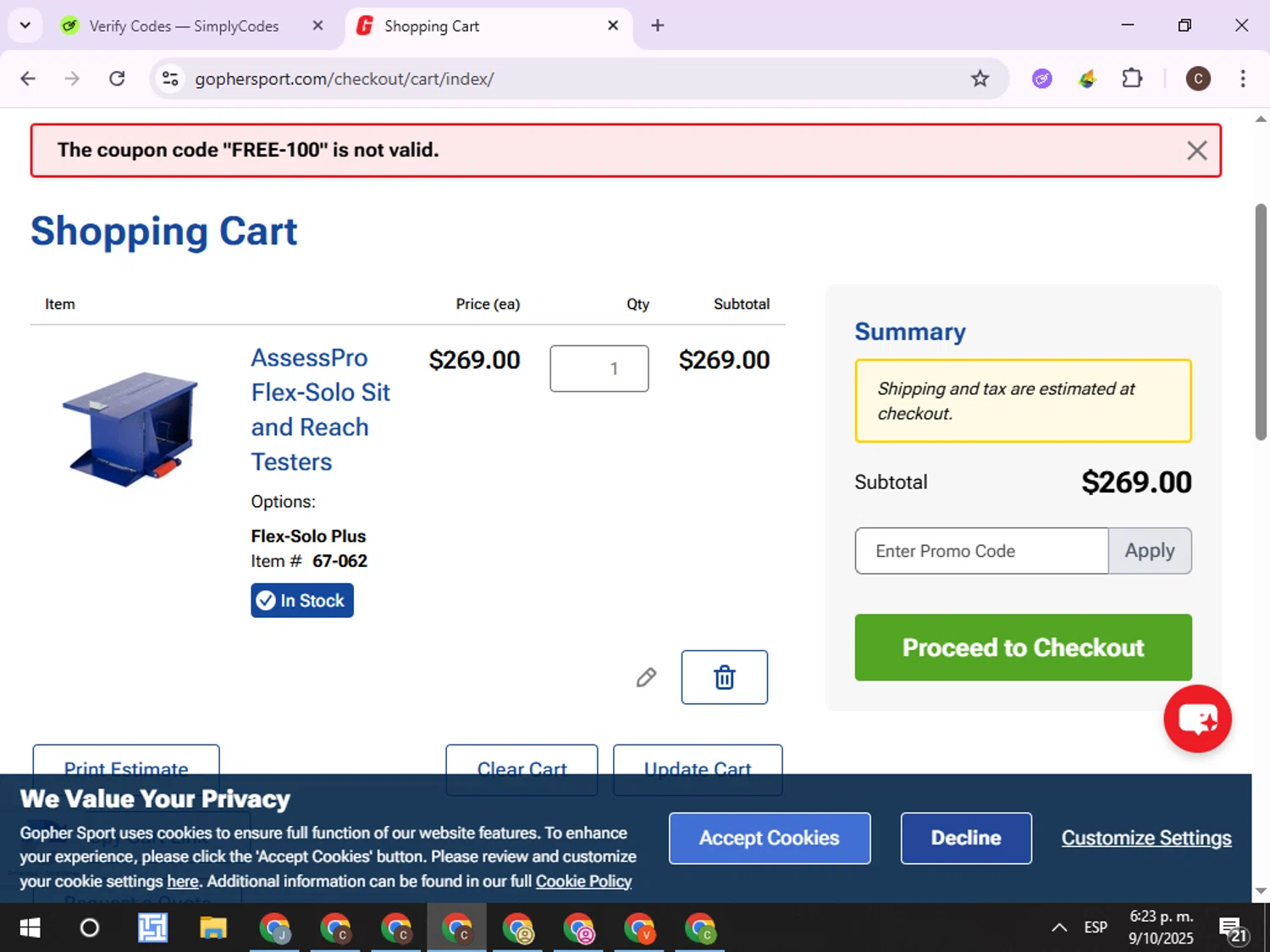 Gopher Sport promo code screenshot showing code FREE-100 applied at Gopher Sport checkout page. Uploaded by SimplyCodes community member ExtraordinaryPro8536 on Oct 9, 2025