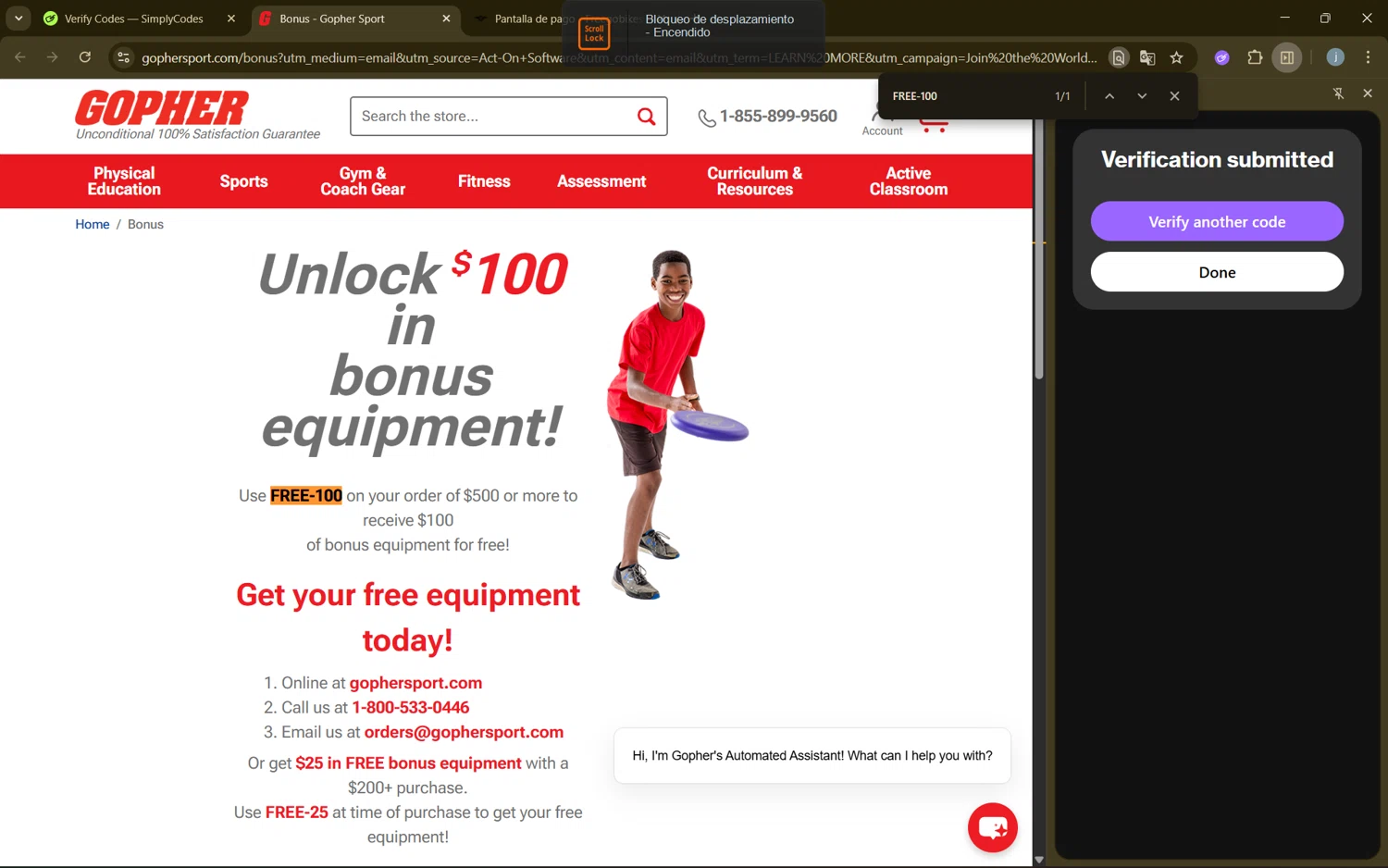 Gopher Sport promo code screenshot showing code FREE-100 applied at Gopher Sport checkout page. Uploaded by SimplyCodes community member frijolito on Sep 11, 2025