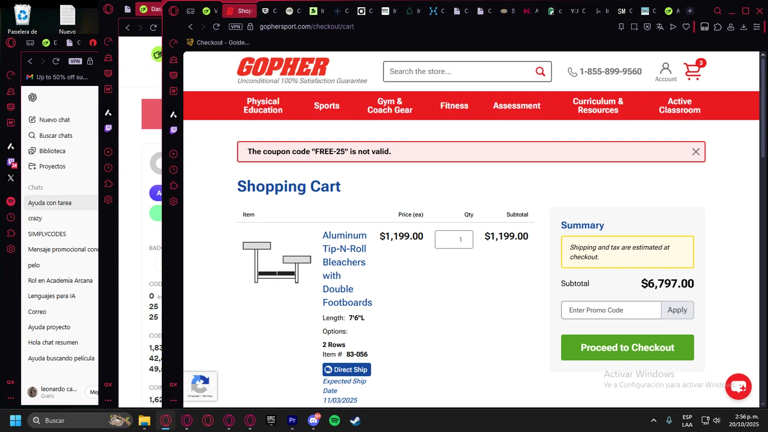 Gopher Sport promo code screenshot showing code FREE-25 applied at Gopher Sport checkout page. Uploaded by SimplyCodes community member Billyyou on Oct 20, 2025