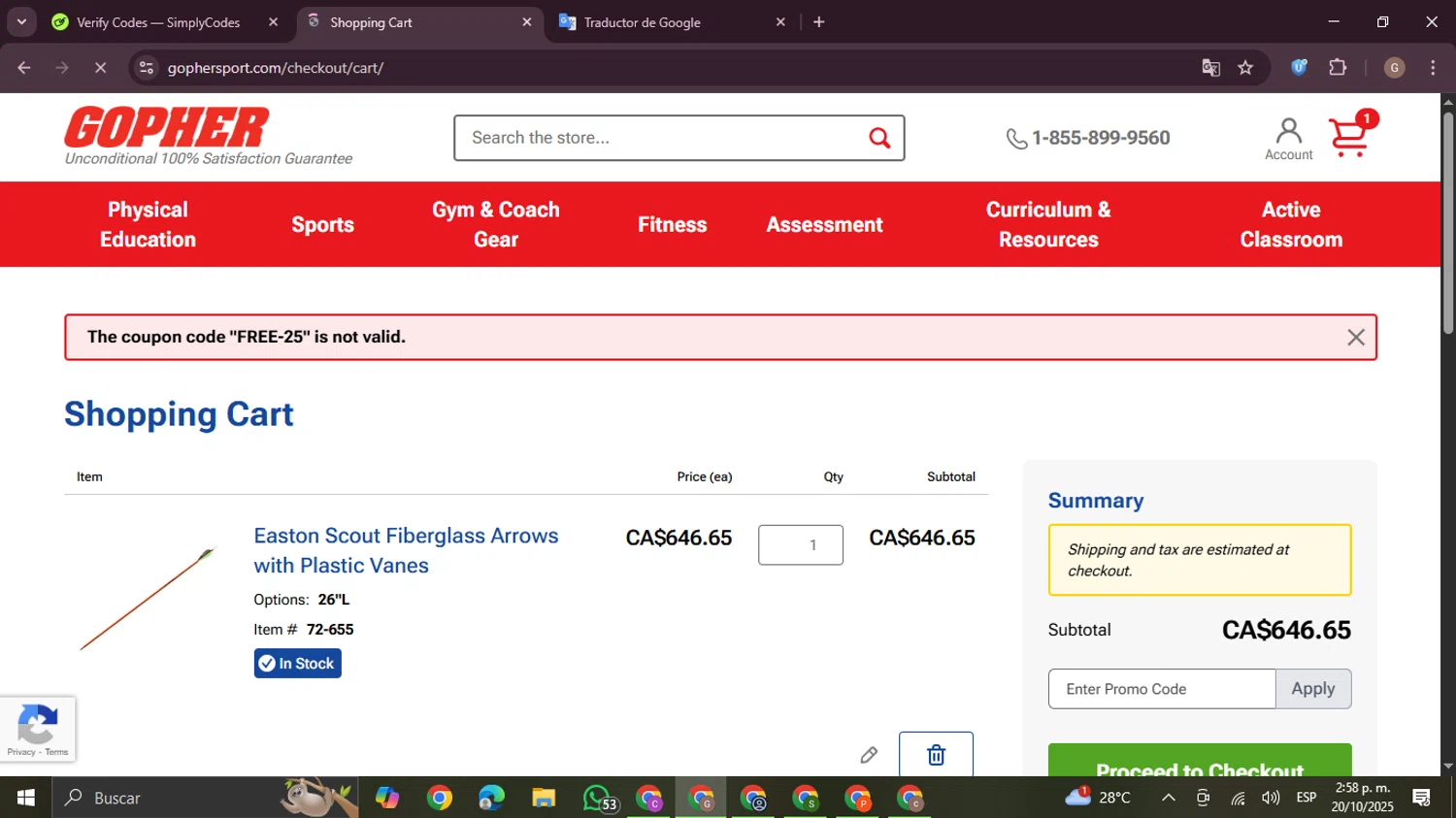 Gopher Sport promo code screenshot showing code FREE-25 applied at Gopher Sport checkout page. Uploaded by SimplyCodes community member BrilliantTracker4207 on Oct 20, 2025