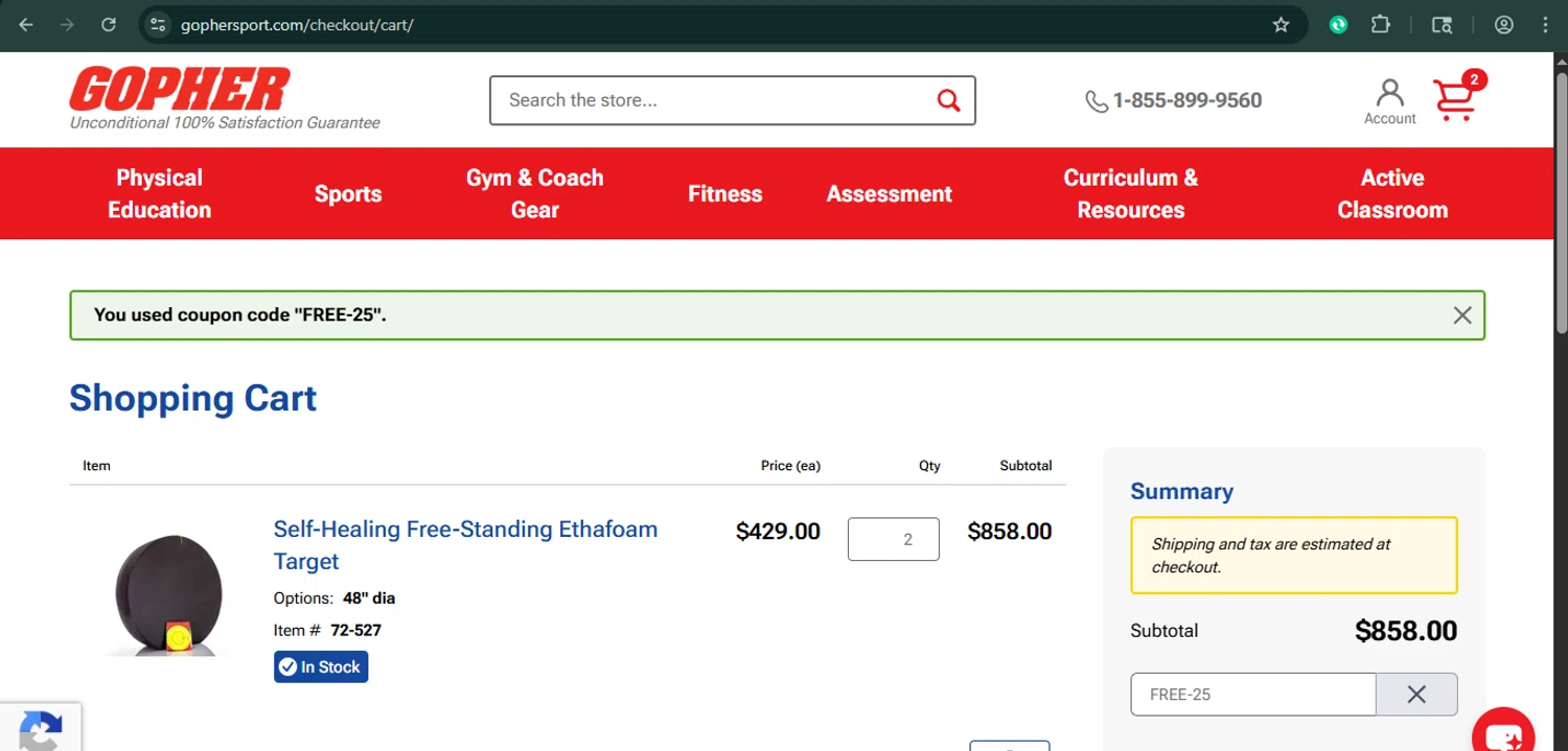 Gopher Sport checkout page showing Gopher Sport promo code box | Screenshot taken by SimplyCodes community member on Sep 27, 2025