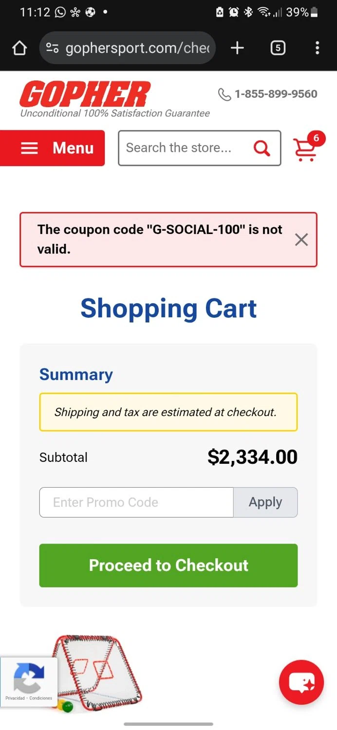 Gopher Sport promo code screenshot showing code G-SOCIAL-100 applied at Gopher Sport checkout page. Uploaded by SimplyCodes community member miguelcrast on Nov 29, 2025