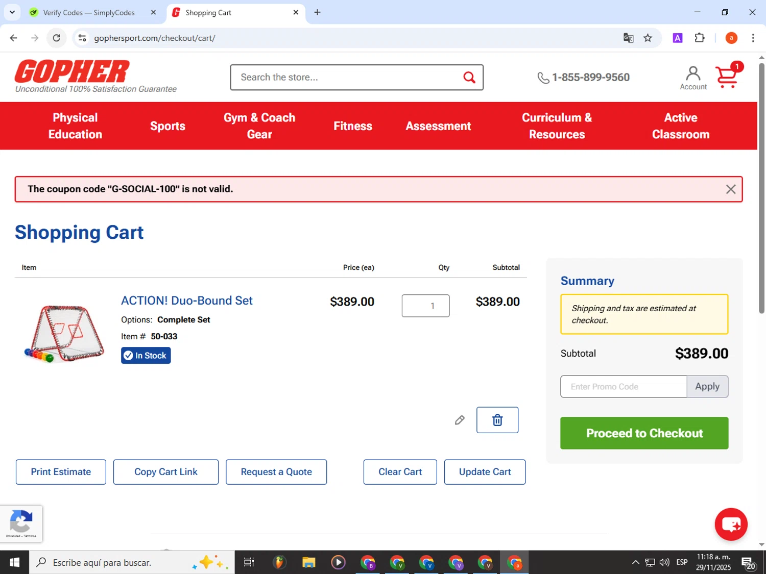 Gopher Sport promo code screenshot showing code G-SOCIAL-100 applied at Gopher Sport checkout page. Uploaded by SimplyCodes community member partenalgas on Nov 29, 2025