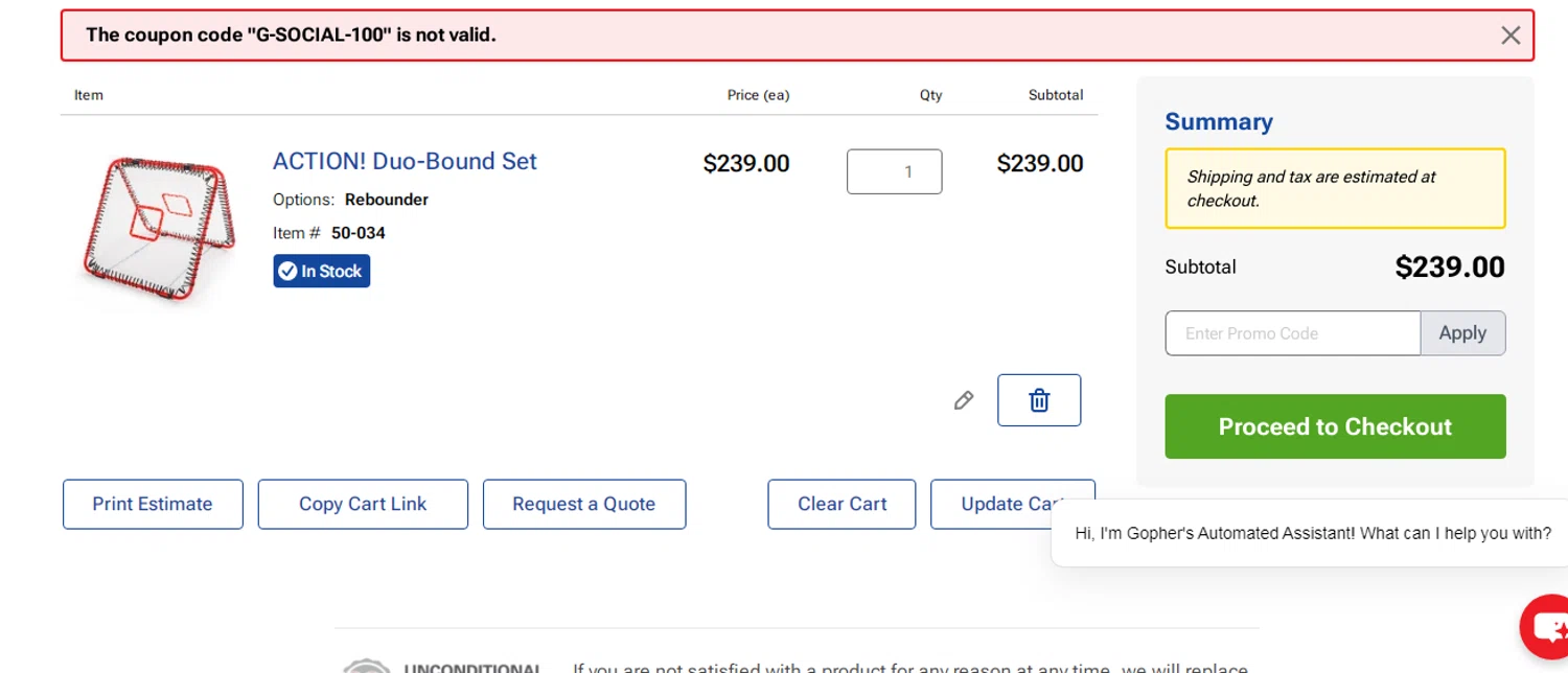 Gopher Sport promo code screenshot showing code G-SOCIAL-100 applied at Gopher Sport checkout page. Uploaded by SimplyCodes community member reinelysmalave on Nov 29, 2025