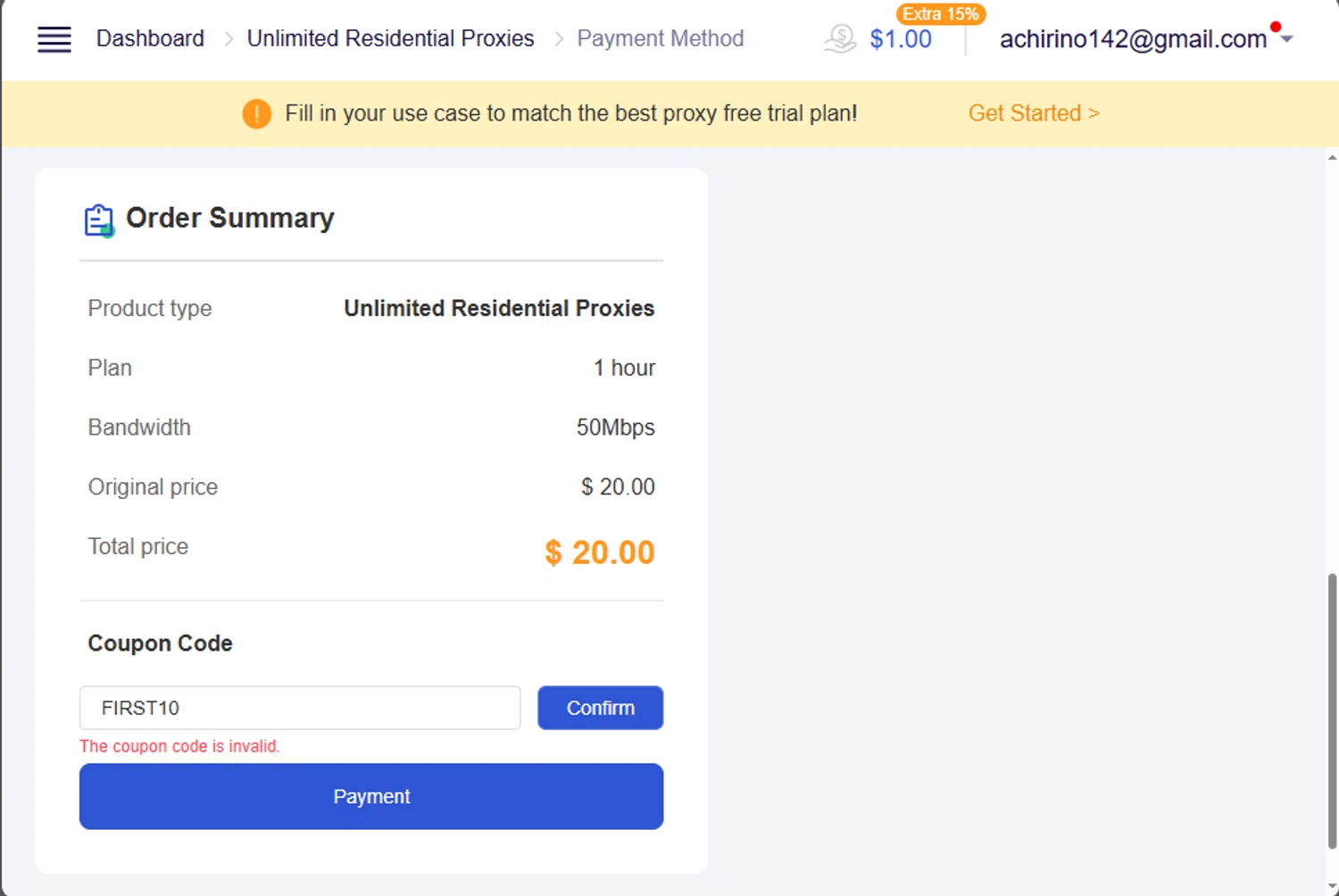 GoProxy promo code screenshot showing code FIRST10 applied at GoProxy checkout page. Uploaded by SimplyCodes community member jupitera on Aug 16, 2025