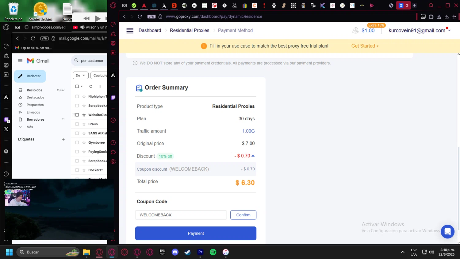 GoProxy promo code screenshot showing code WELCOMEBACK applied at GoProxy checkout page. Uploaded by SimplyCodes community member Billyyou on Aug 22, 2025