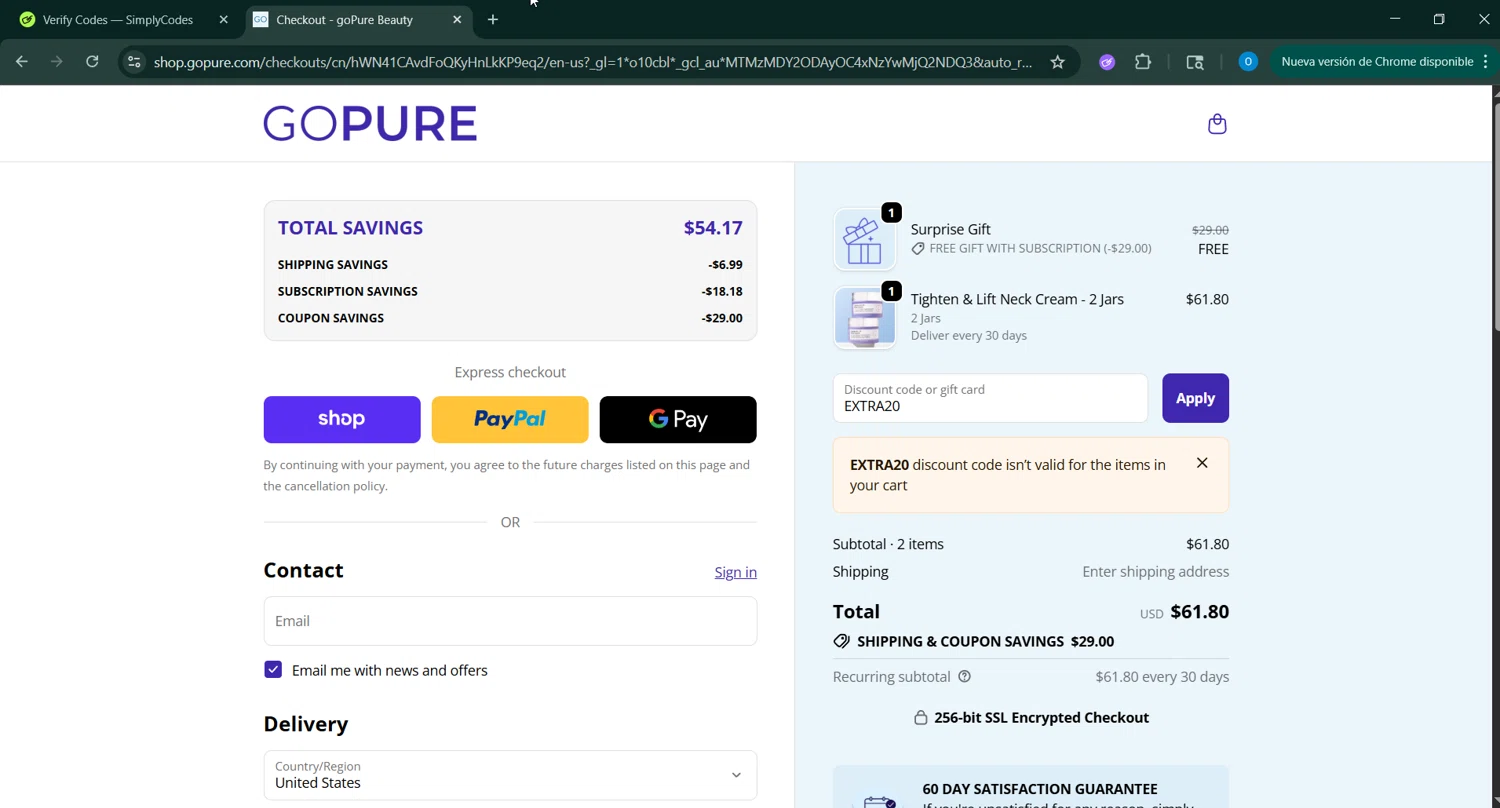 goPure Beauty discount code screenshot showing code EXTRA20 applied at goPure Beauty checkout page. Uploaded by SimplyCodes community member _____________ on Oct 12, 2025