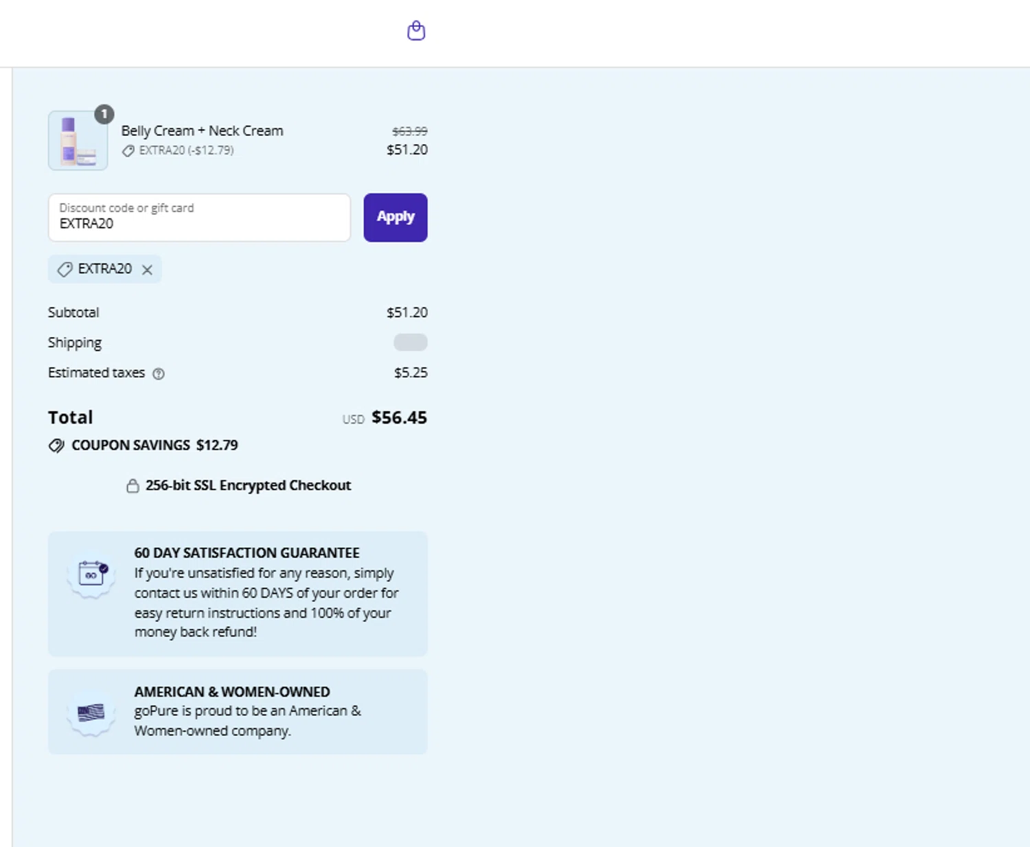 goPure Beauty discount code screenshot showing code EXTRA20 applied at goPure Beauty checkout page. Uploaded by SimplyCodes community member Lisboa on Sep 9, 2025