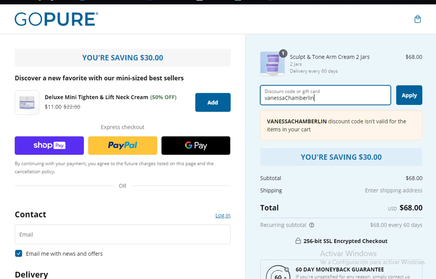 goPure Beauty discount code screenshot showing code vanessaChamberlin applied at goPure Beauty checkout page. Uploaded by SimplyCodes community member Lestara_23 on Feb 20, 2025
