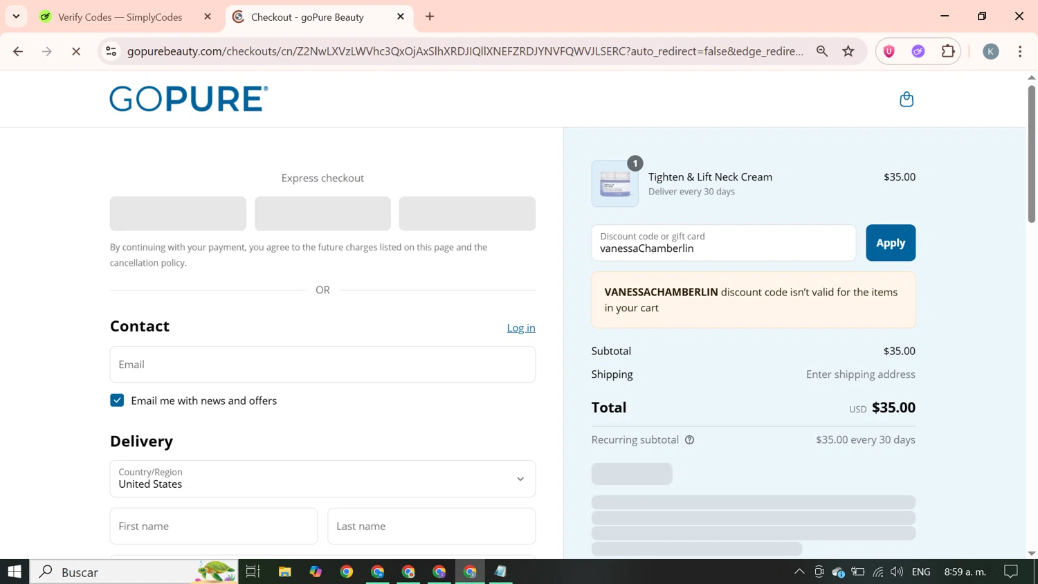 goPure Beauty discount code screenshot showing code vanessaChamberlin applied at goPure Beauty checkout page. Uploaded by SimplyCodes community member SavingsBoss9912 on Jun 16, 2025