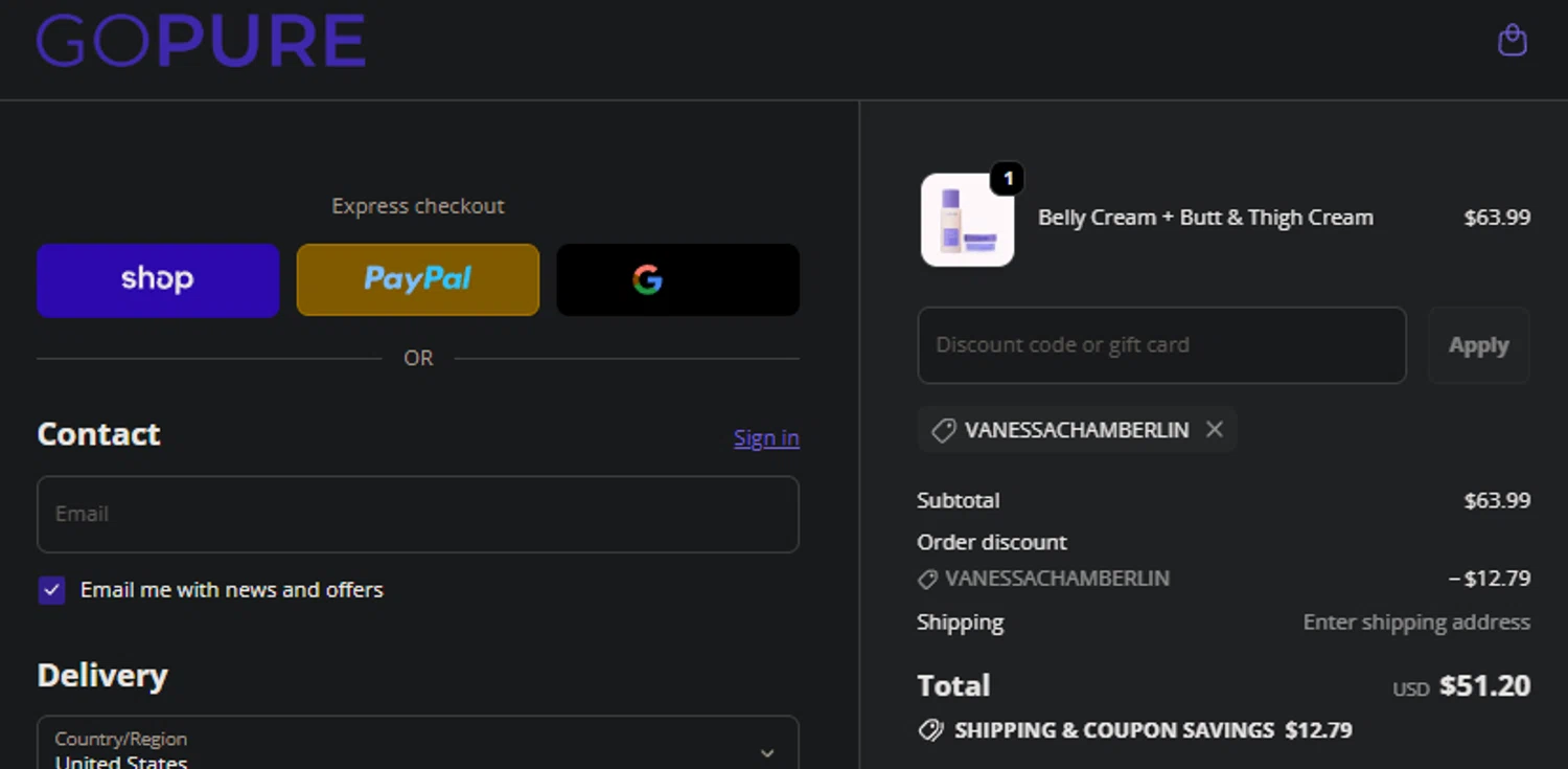 goPure Beauty discount code screenshot showing code vanessaChamberlin applied at goPure Beauty checkout page. Uploaded by SimplyCodes community member SpiderGwen on Oct 8, 2025