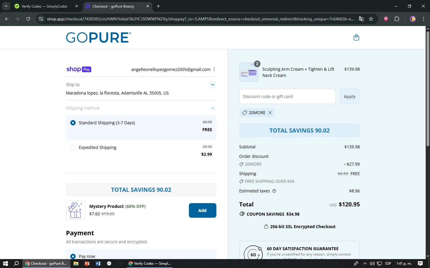 goPure Beauty discount code screenshot showing code 20more applied at goPure Beauty checkout page. Uploaded by SimplyCodes community member TreasureShopper9156 on Aug 1, 2025