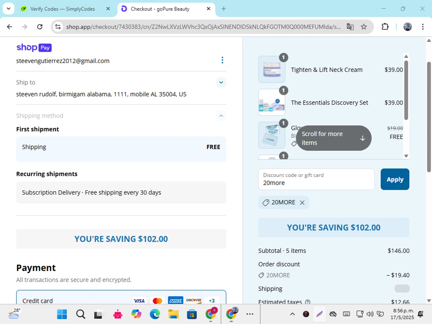 goPure Beauty discount code screenshot showing code 20more applied at goPure Beauty checkout page. Uploaded by SimplyCodes community member DiscountGenius6081 on May 18, 2025