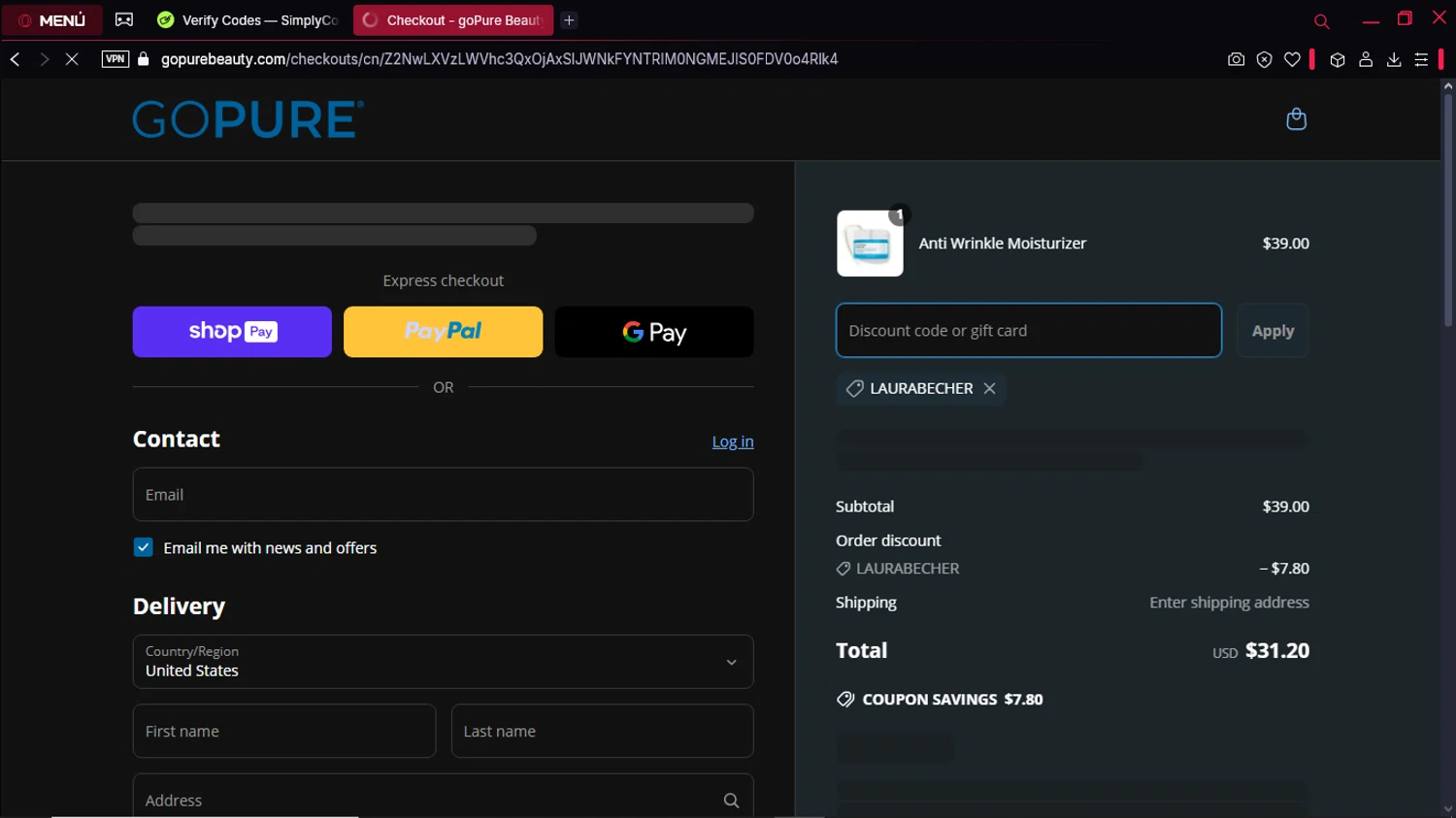 goPure Beauty discount code screenshot showing code LAURABECHER applied at goPure Beauty checkout page. Uploaded by SimplyCodes community member Formama on Apr 14, 2025
