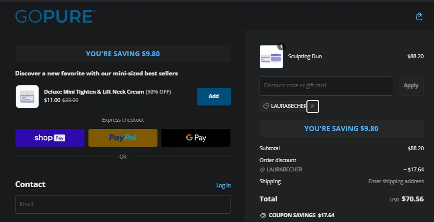 goPure Beauty discount code screenshot showing code LAURABECHER applied at goPure Beauty checkout page. Uploaded by SimplyCodes community member idkxxx on Feb 3, 2025