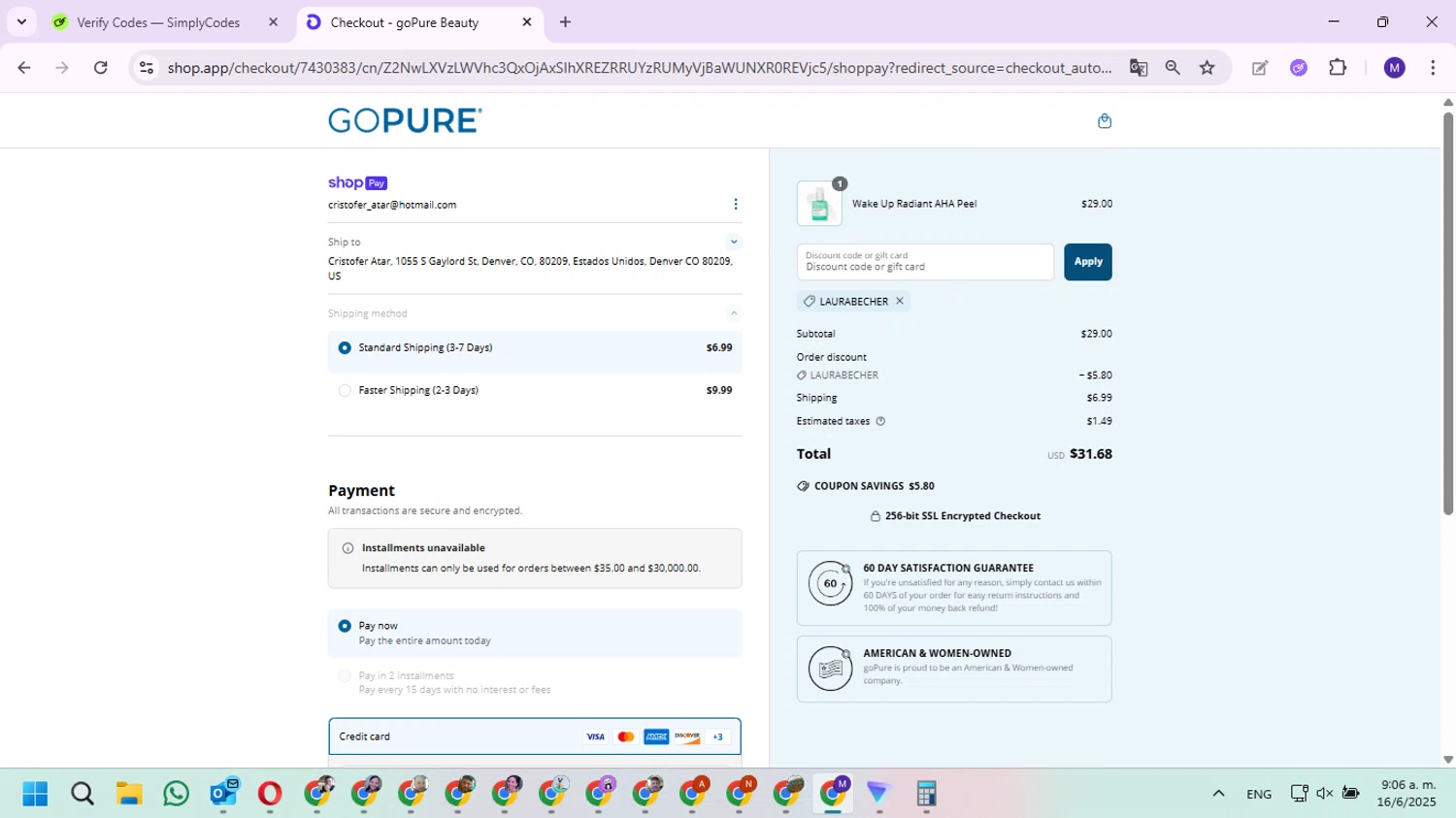 goPure Beauty discount code screenshot showing code LAURABECHER applied at goPure Beauty checkout page. Uploaded by SimplyCodes community member Fundolaroca on Jun 16, 2025