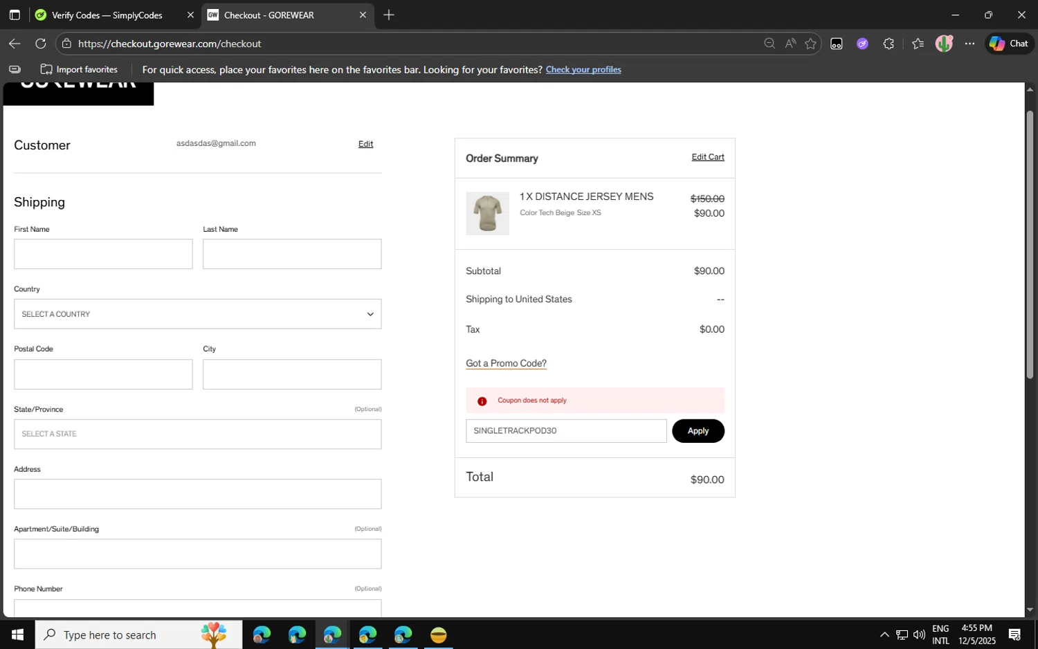 Gore Wear promo code screenshot showing code SINGLETRACKPOD30 applied at Gore Wear checkout page. Uploaded by SimplyCodes community member Jvllsk1 on Dec 5, 2025