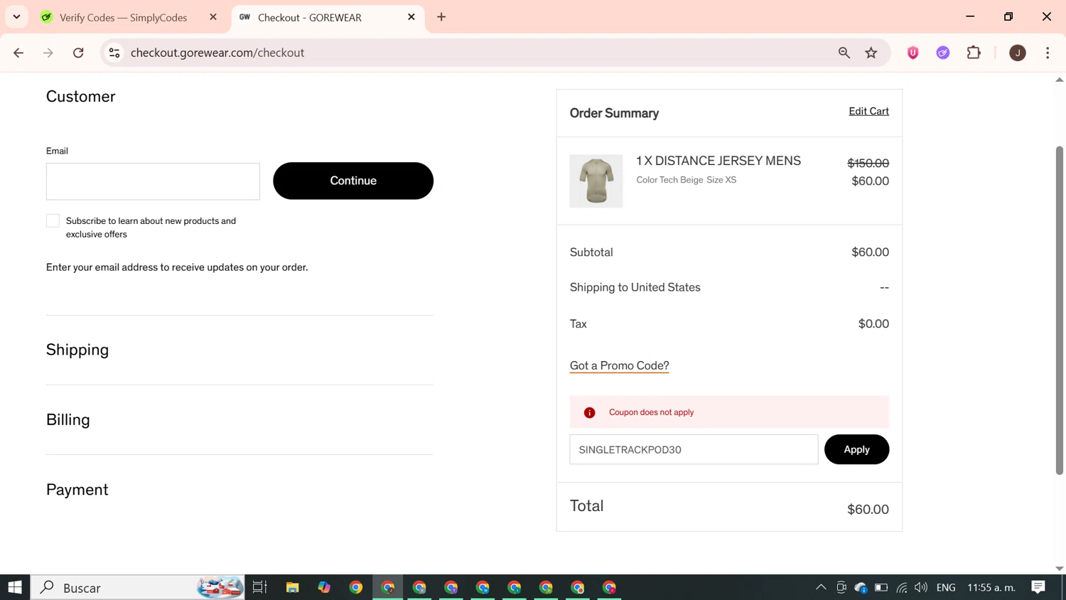Gore Wear checkout page showing Gore Wear promo code box | Screenshot taken by SimplyCodes community member on Jan 15, 2026