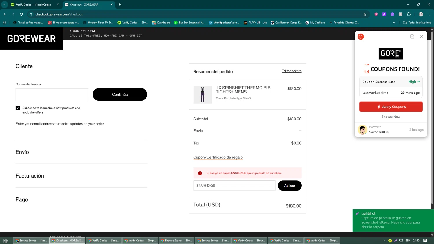 Gore Wear promo code screenshot showing code SNUH4XQ8 applied at Gore Wear checkout page. Uploaded by SimplyCodes community member John_Johnson on Oct 1, 2025