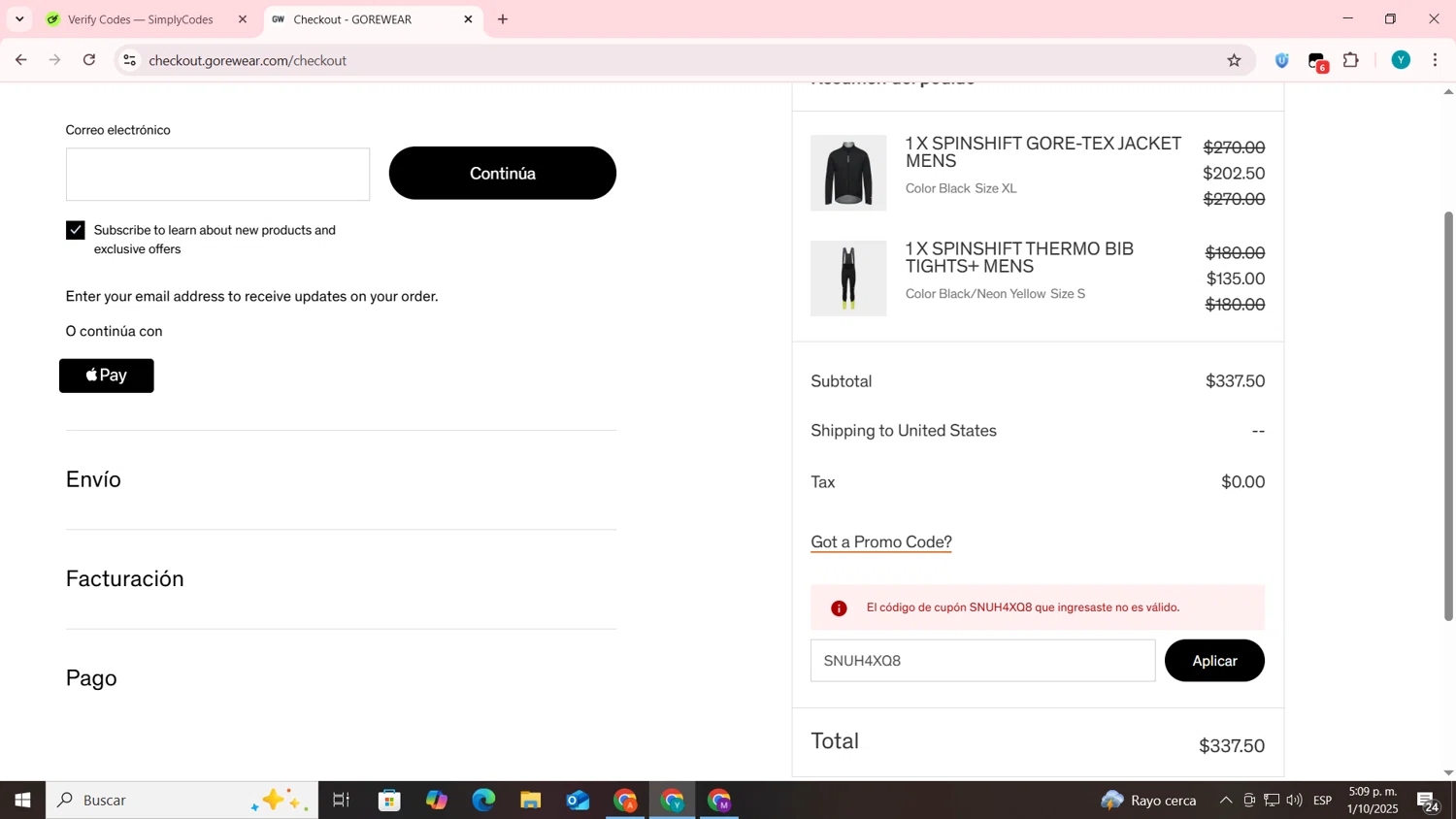 Gore Wear promo code screenshot showing code SNUH4XQ8 applied at Gore Wear checkout page. Uploaded by SimplyCodes community member codygakpo on Oct 1, 2025