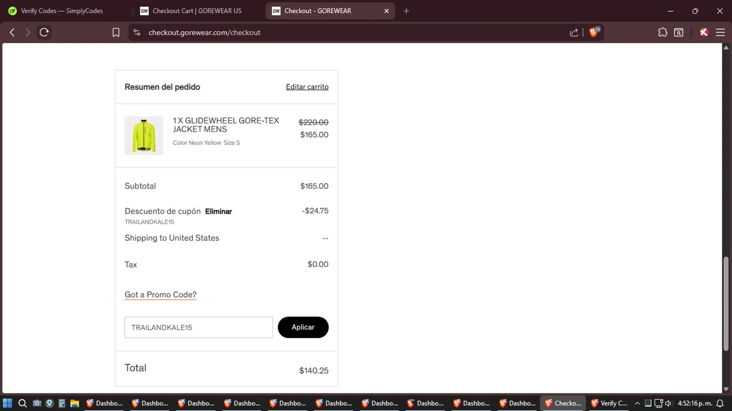 Gore Wear checkout page showing Gore Wear promo code box | Screenshot taken by SimplyCodes community member on Feb 18, 2026