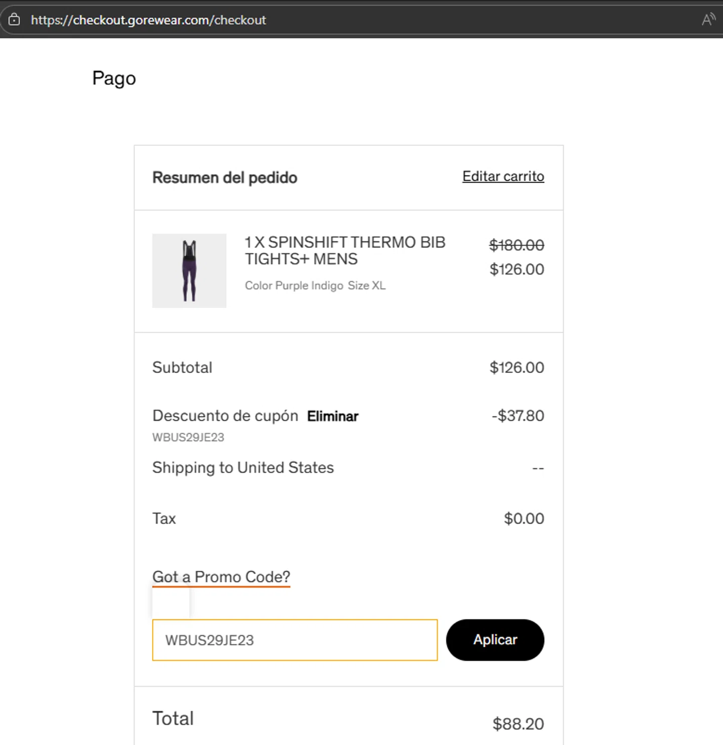 Gore Wear promo code screenshot showing code WBUS29JE23 applied at Gore Wear checkout page. Uploaded by SimplyCodes community member ricardoramirez1 on Nov 19, 2025