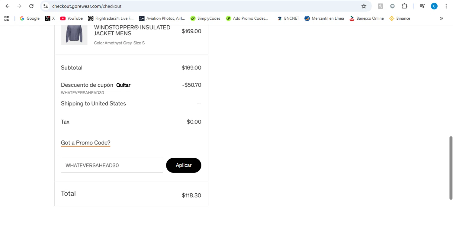 Gore Wear promo code screenshot showing code WHATEVERSAHEAD30 applied at Gore Wear checkout page. Uploaded by SimplyCodes community member victor on Feb 17, 2026