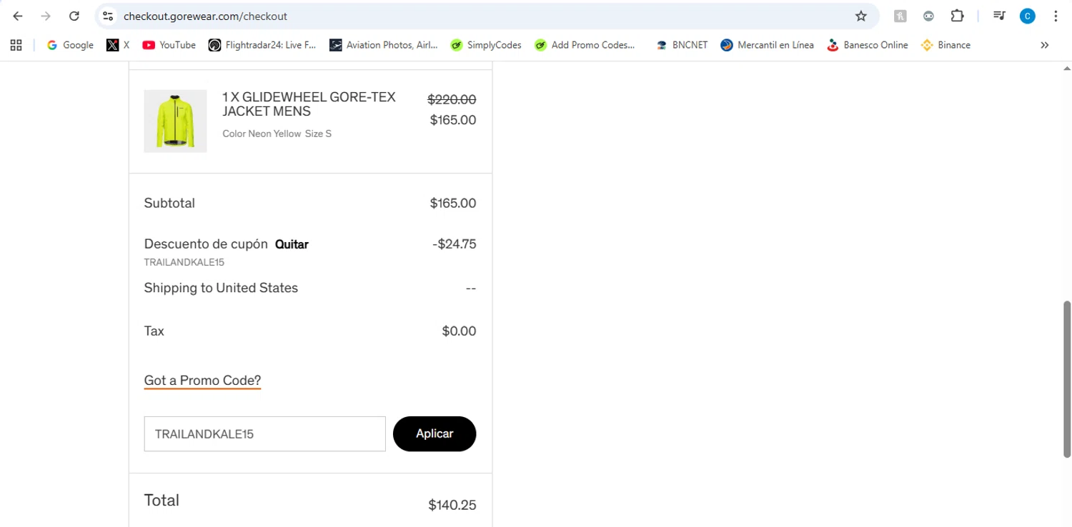Gore Wear promo code screenshot showing code TRAILANDKALE15 applied at Gore Wear checkout page. Uploaded by SimplyCodes community member victor on Feb 18, 2026