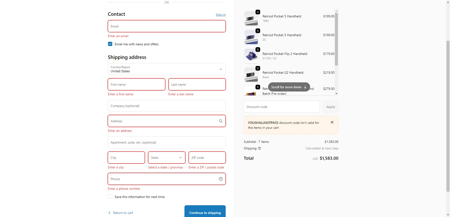Retroid Pocket discount code screenshot showing code YOUSHALLNOTPASS applied at Retroid Pocket checkout page. Uploaded by SimplyCodes community member CrownWhiz8114 on Feb 12, 2026