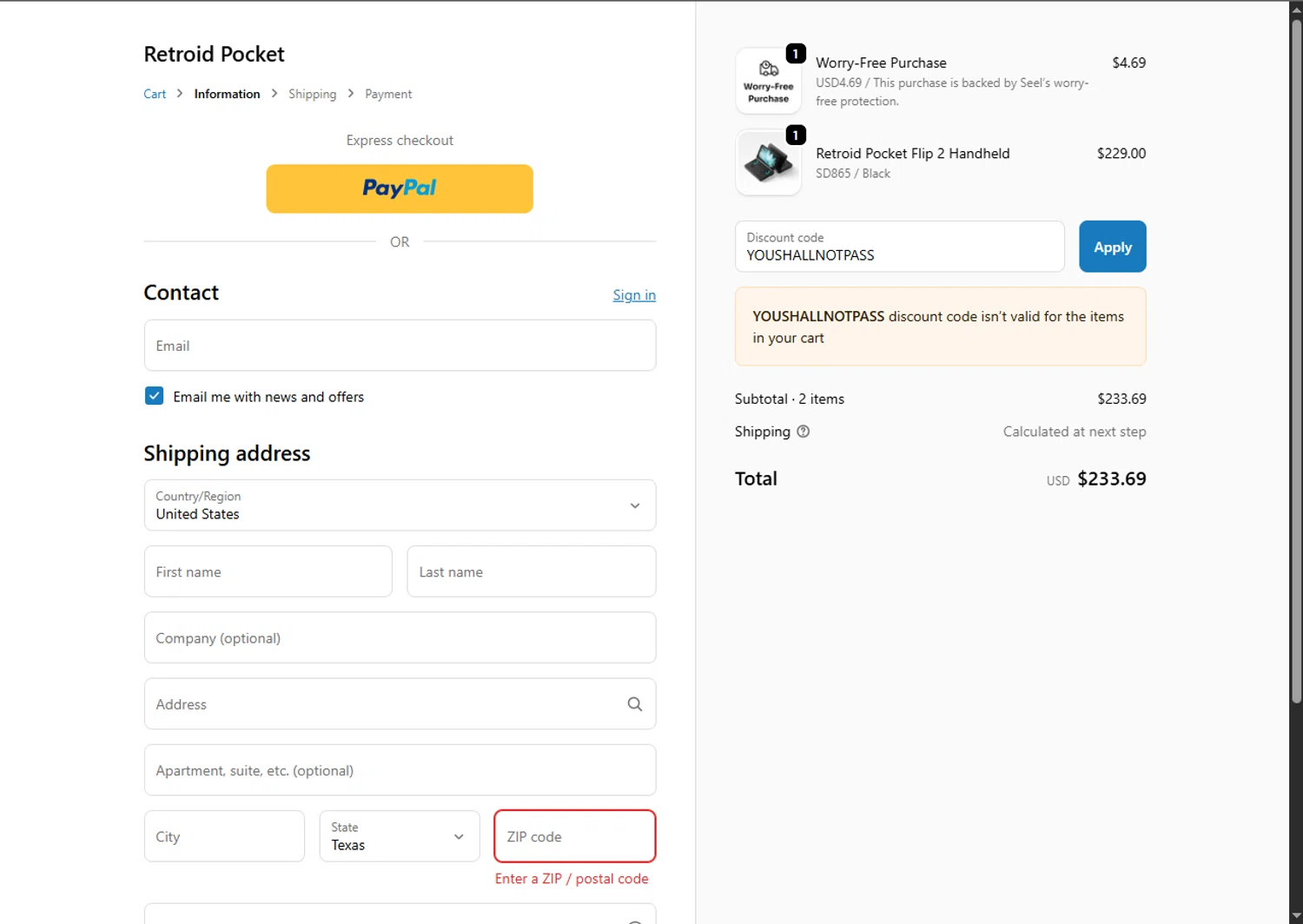Retroid Pocket discount code screenshot showing code YOUSHALLNOTPASS applied at Retroid Pocket checkout page. Uploaded by SimplyCodes community member GoldPhoenix3793 on Sep 24, 2025