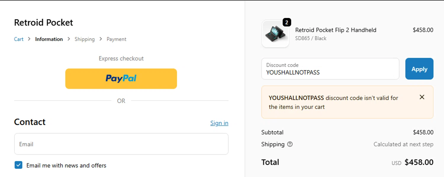 Retroid Pocket discount code screenshot showing code YOUSHALLNOTPASS applied at Retroid Pocket checkout page. Uploaded by SimplyCodes community member leiraM on Oct 7, 2025